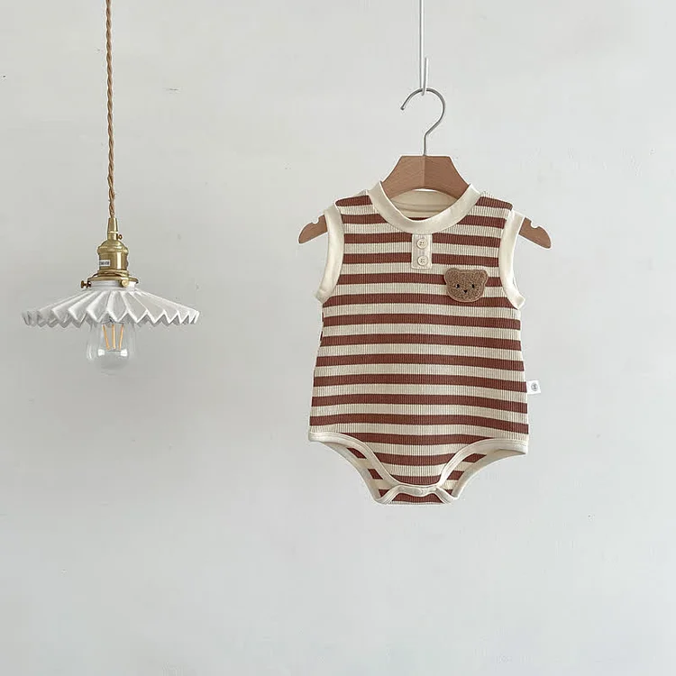 Baby Embroidered Bear Striped Sleeveless Bodysuit