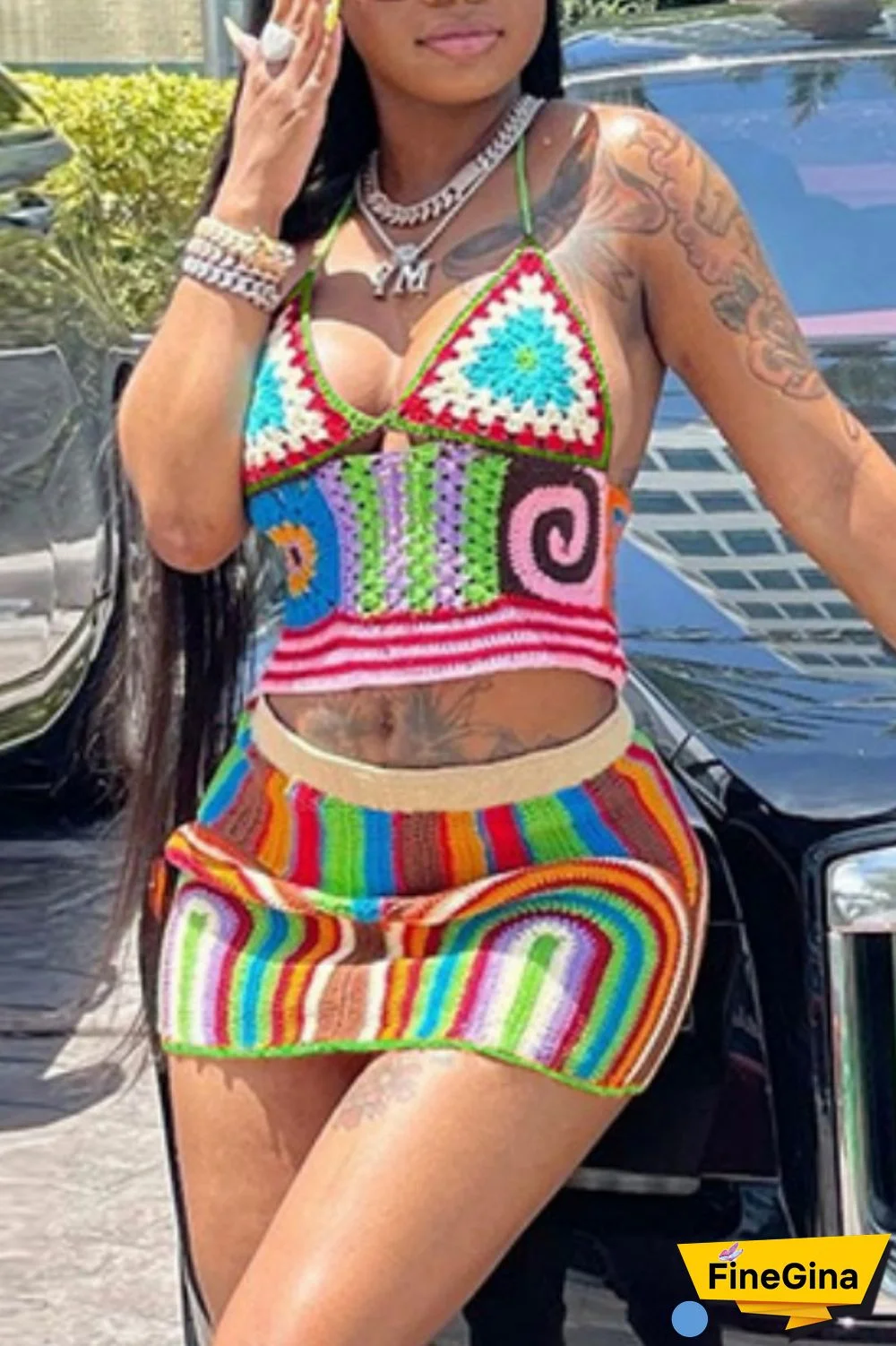 Colour Sexy Patchwork Bandage Backless Halter Sleeveless Two Pieces