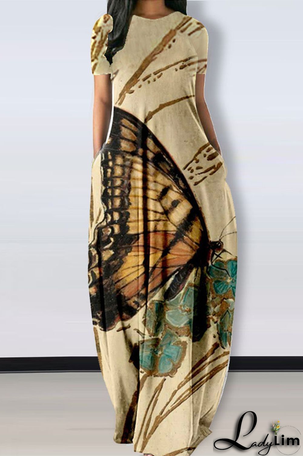 Khaki Fashion Casual Print Patchwork O Neck Short Sleeve Dress Dresses