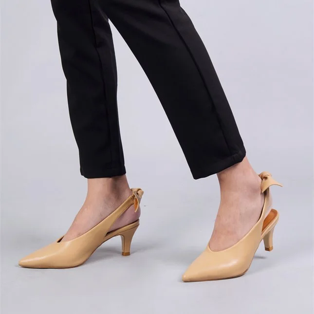 Khaki Slingback Heels Pointy Toe Cone Heels Pumps with Bow |FSJ Shoes