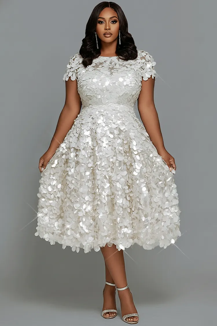 Xpluswear Design Plus Size Cocktail Party White Round Neck Cap Sleeve Short Sleeve Sequin Midi Dresses [Pre-Order] 2024 - Xpluswear
