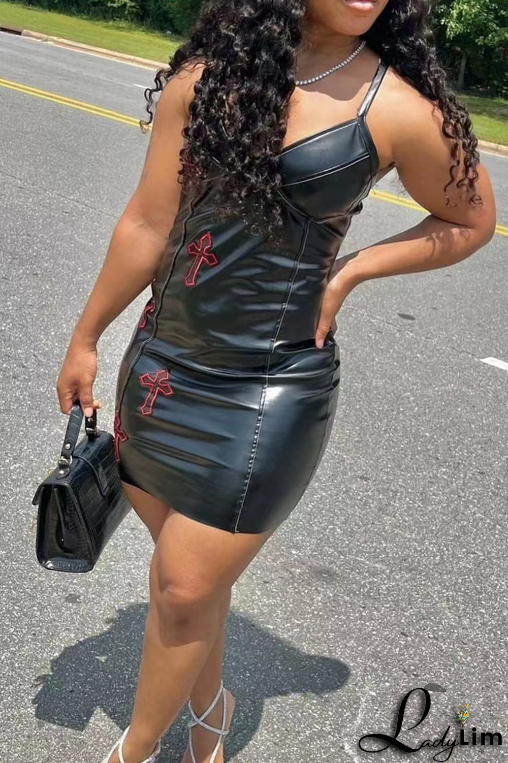 Black Sexy Character Patchwork Spaghetti Strap Pencil Skirt Dresses