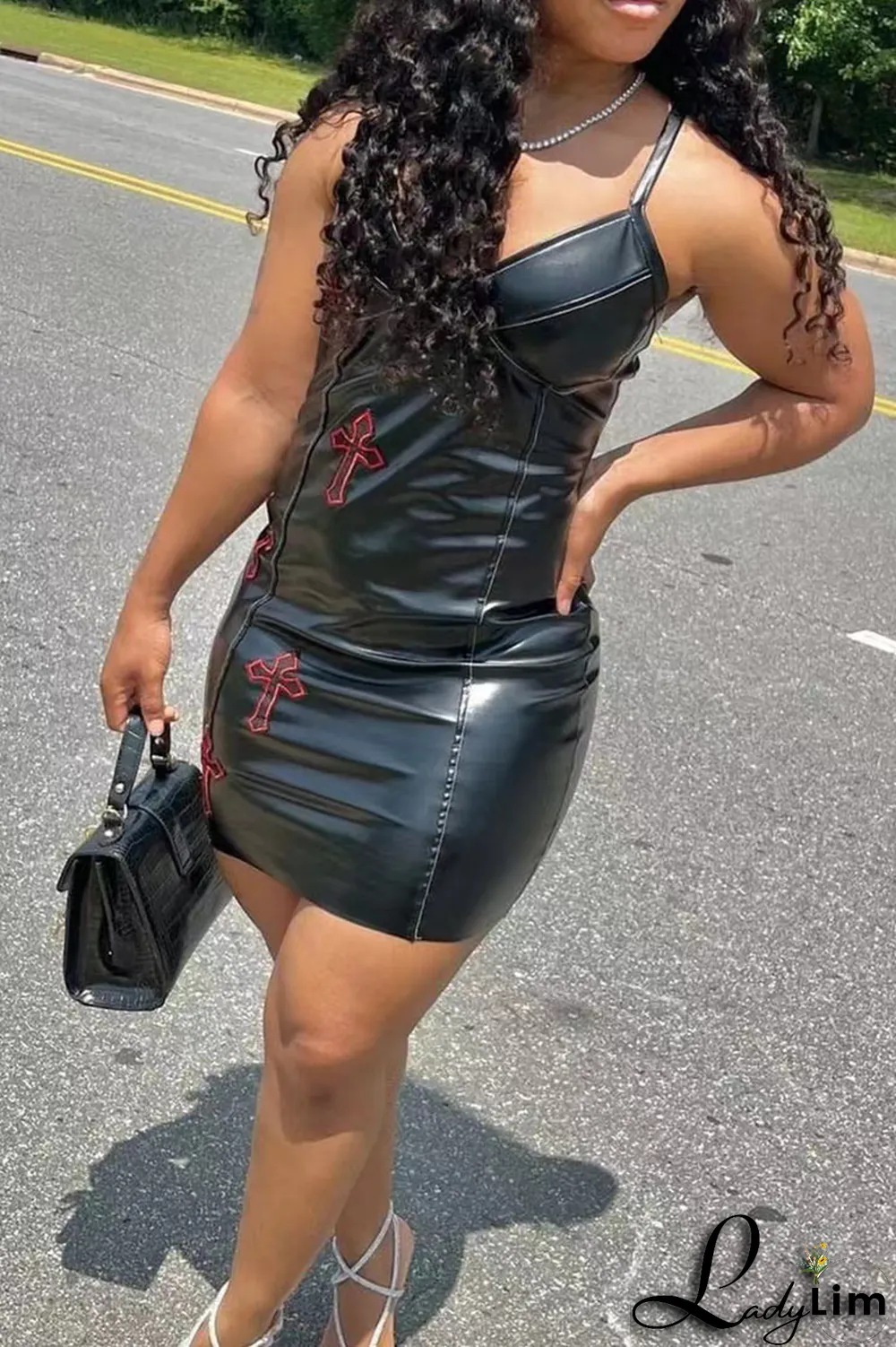 Black Sexy Character Patchwork Spaghetti Strap Pencil Skirt Dresses