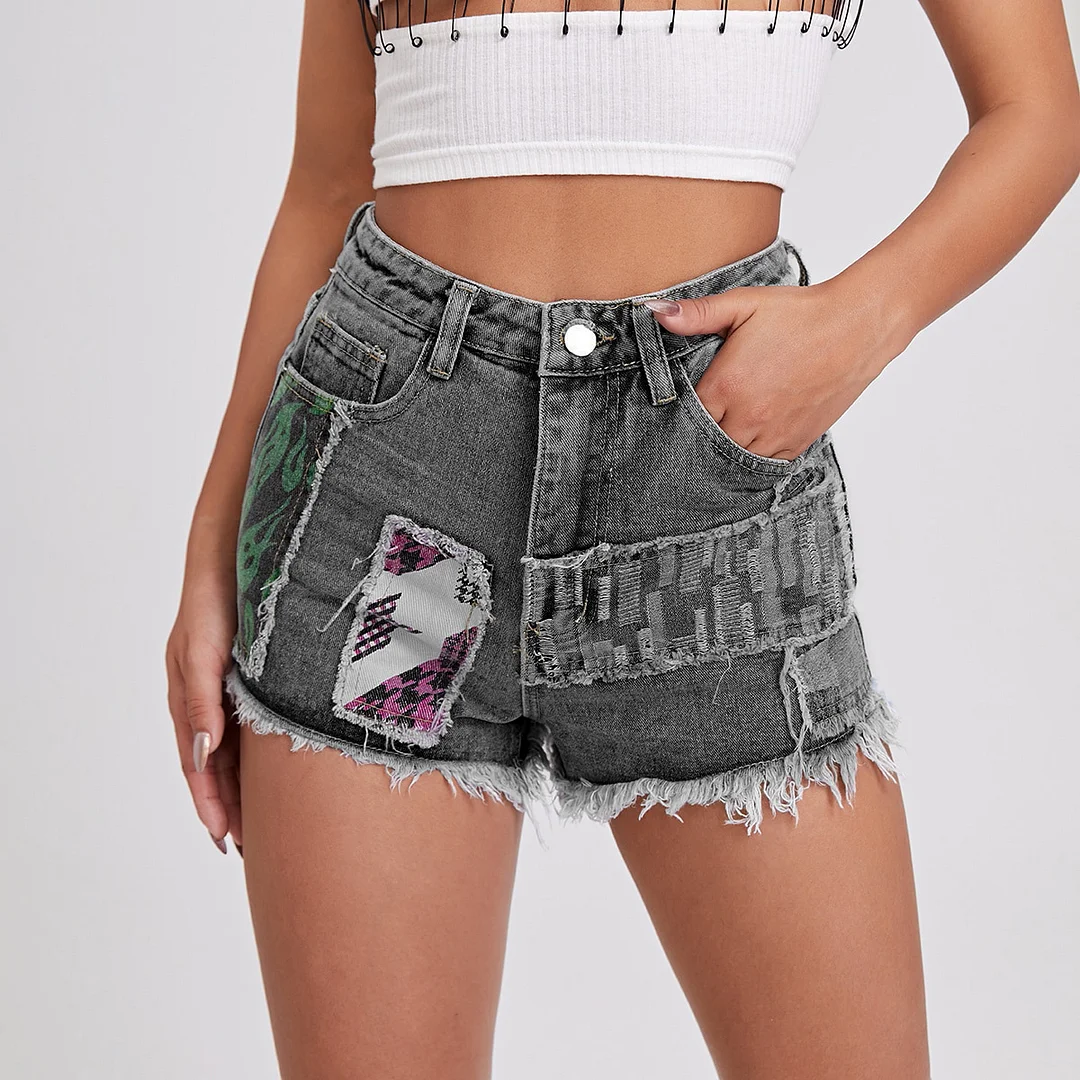 Women's Mid-waist Short Jeans Pactwork Denim Shorts
