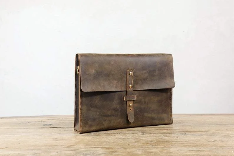 Rustic distressed leather crossbody bag , slim leather computer laptop bag for men , brown leather shoulder messenger bag.