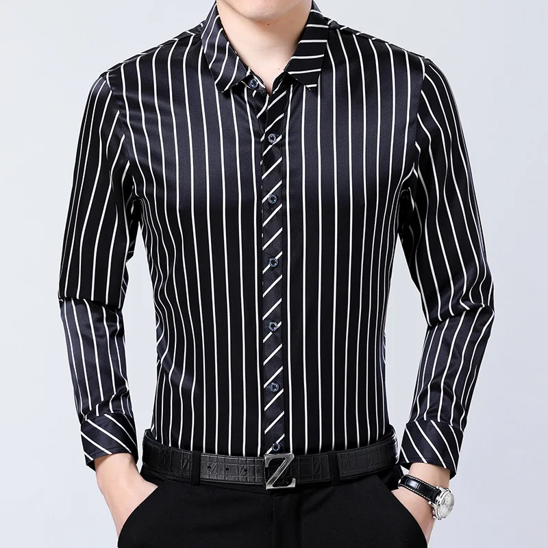 Black Silk Shirt New Men's Natural Stripe Style