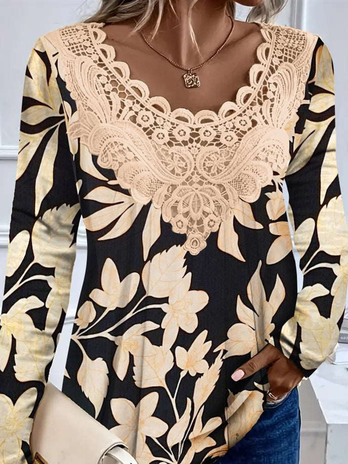 Women's Long Sleeve Scoop Neck Floral Printed Lace Stitching Top