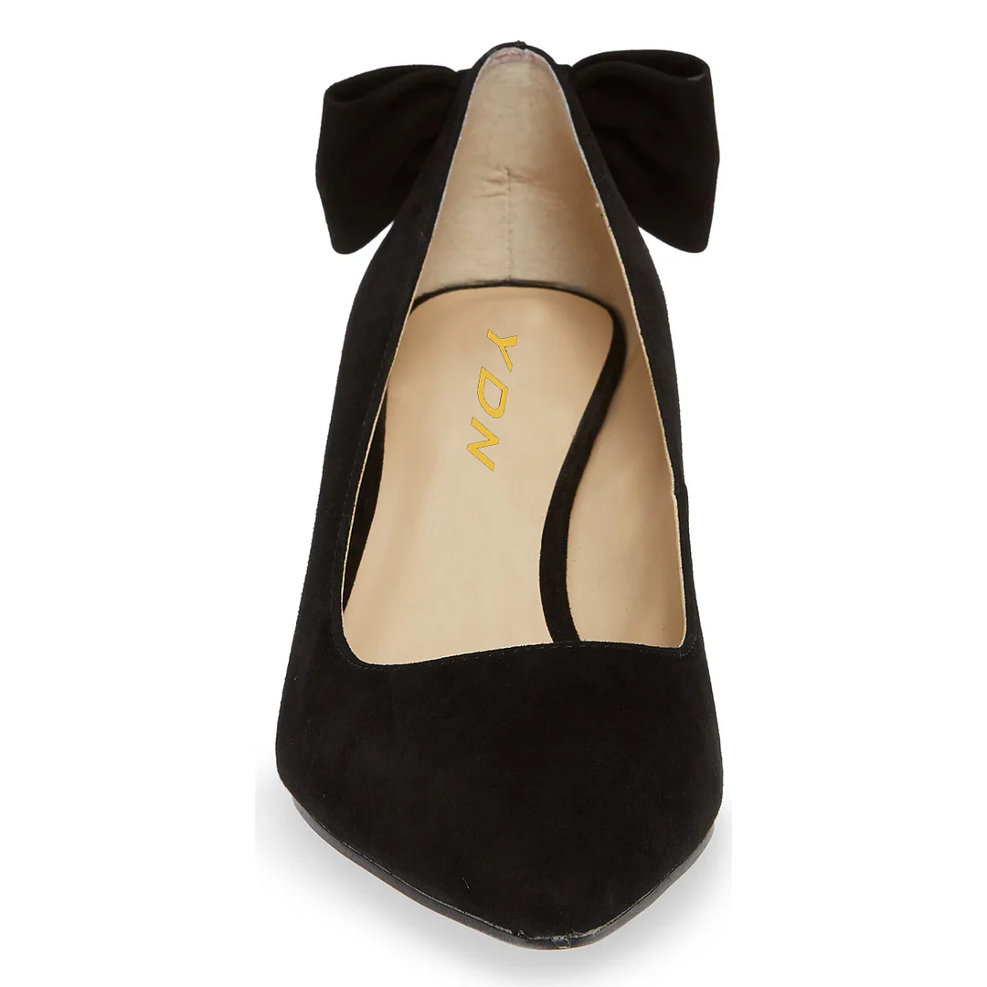 Black Vegan Suede Pointed Toe Slip On Kitten Heel Pumps with Bow