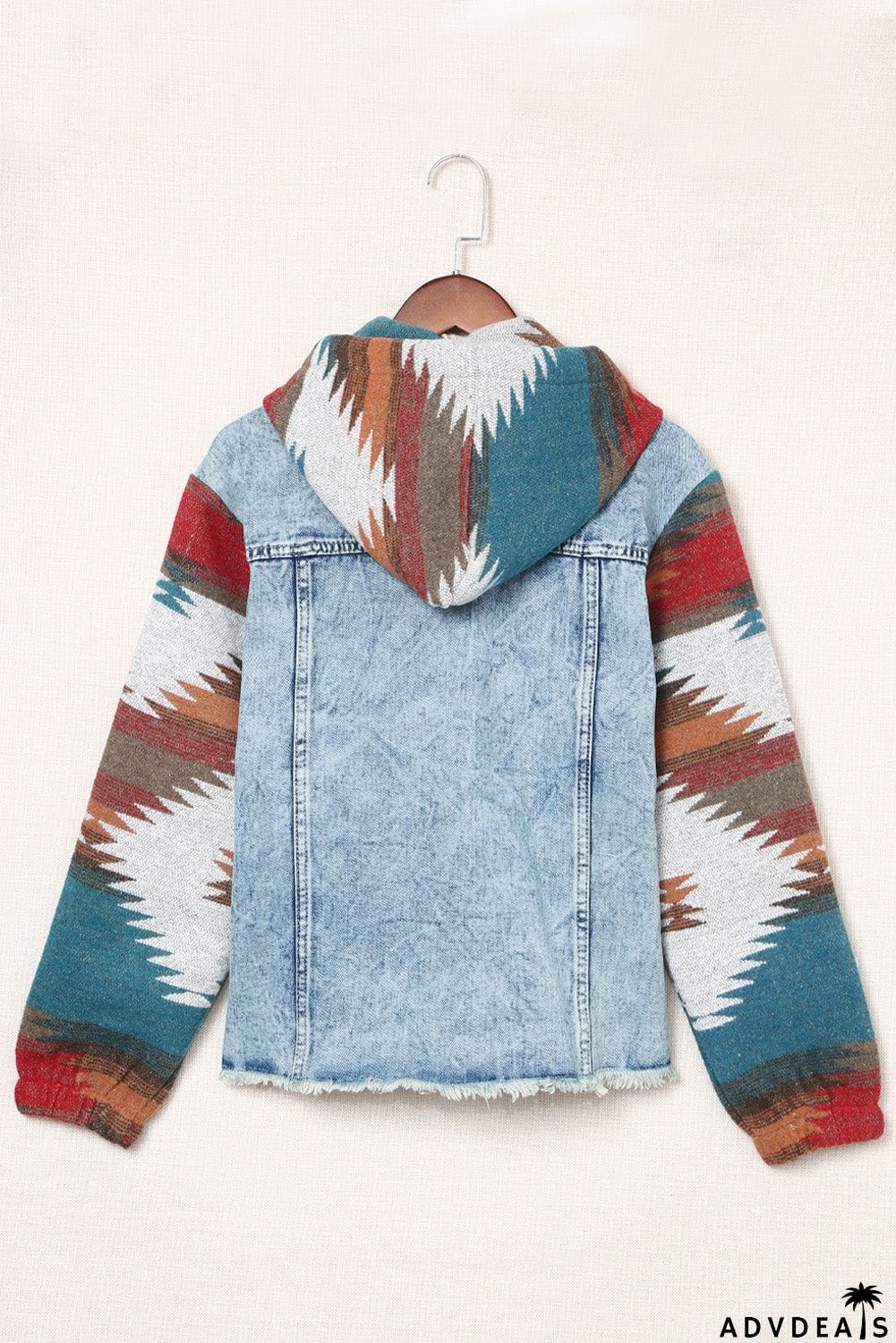 color Aztec Print Frayed Hem Denim Jacket
