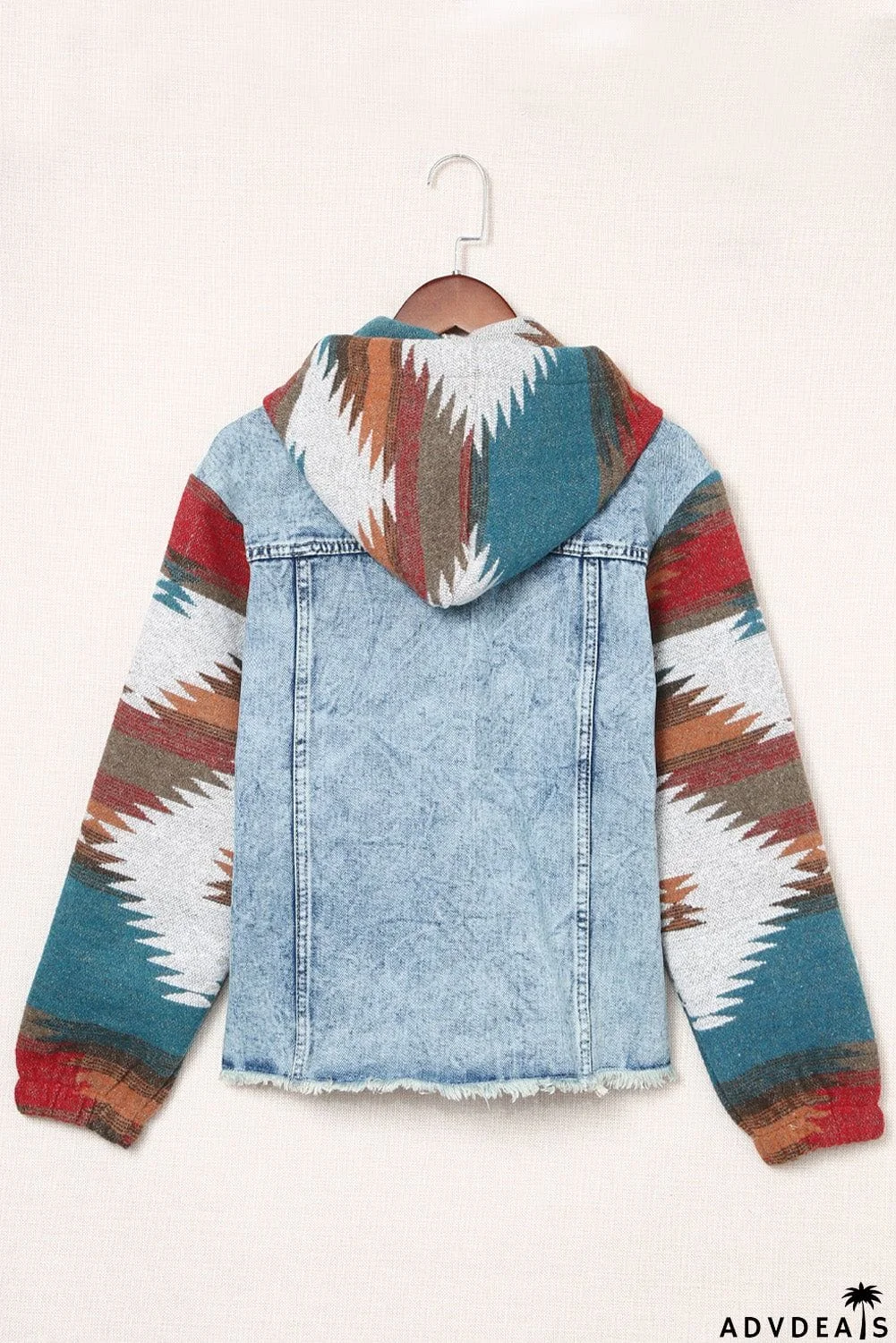 color Aztec Print Frayed Hem Denim Jacket