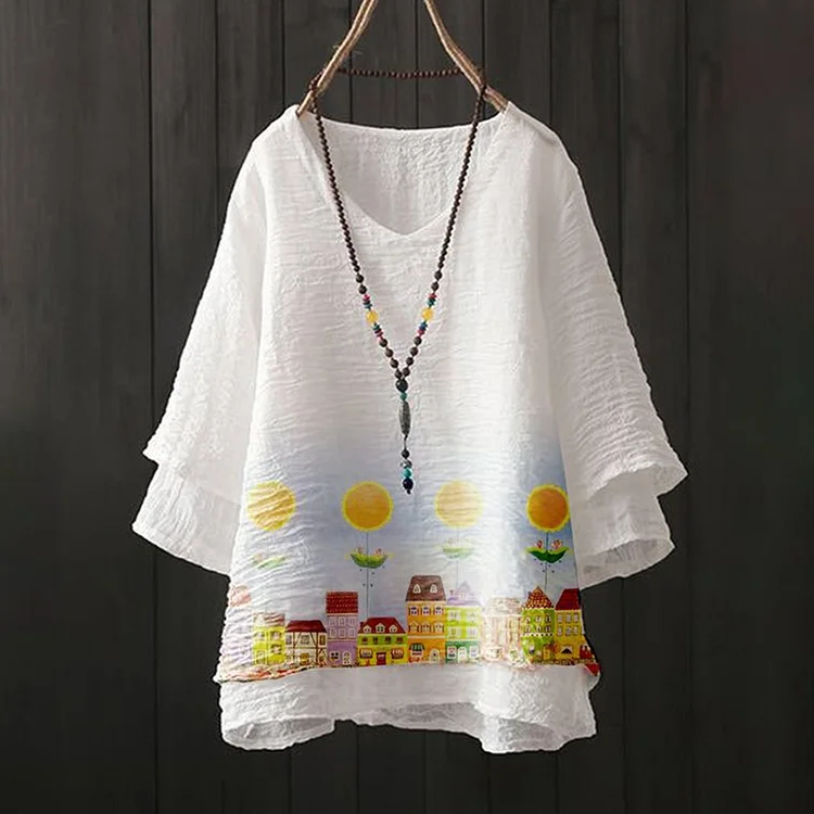 Comstylish Casual Sunshine Printed V-neck Loose Linen Shirts