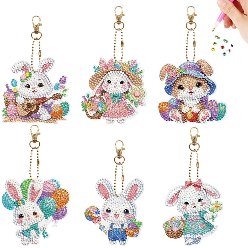 6Pcs Cute Bunny Double-Sided Special Shaped Diamond Painting Art Keychain