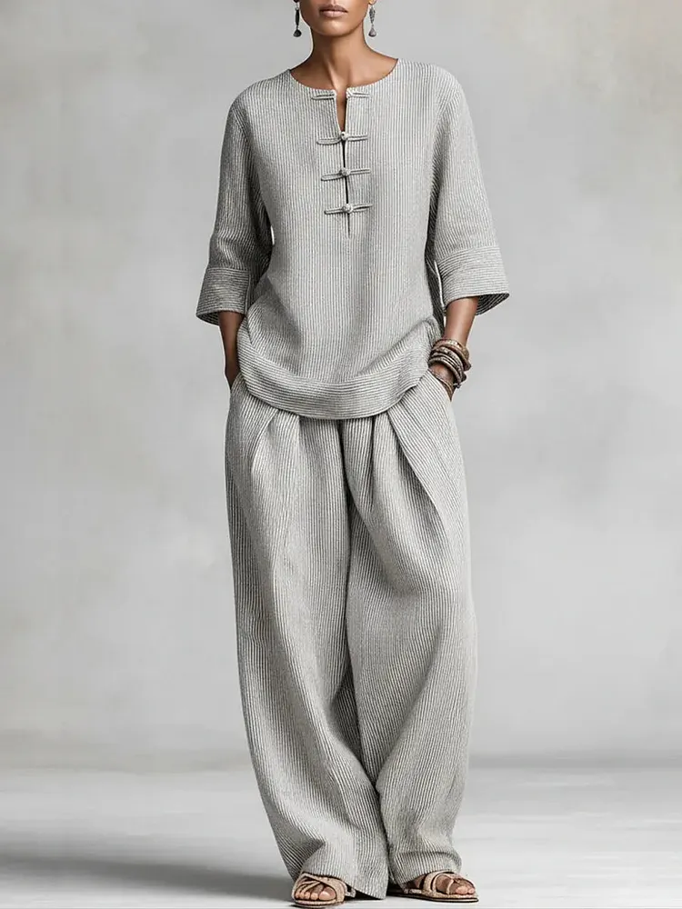 Women's Casual Minimalist Striped Ethnic Style Cotton-linen Set