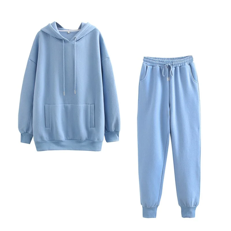 FTLZZ 2020 New Autumn Winter Women Thick Fleece 100% Cotton Suit 2 Pieces Sets Hoodies Sweatshirt and Pants Suits