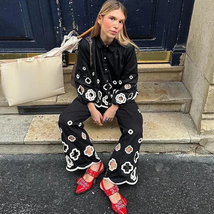  Embroidery Long Sleeve Shirt and Pants Set