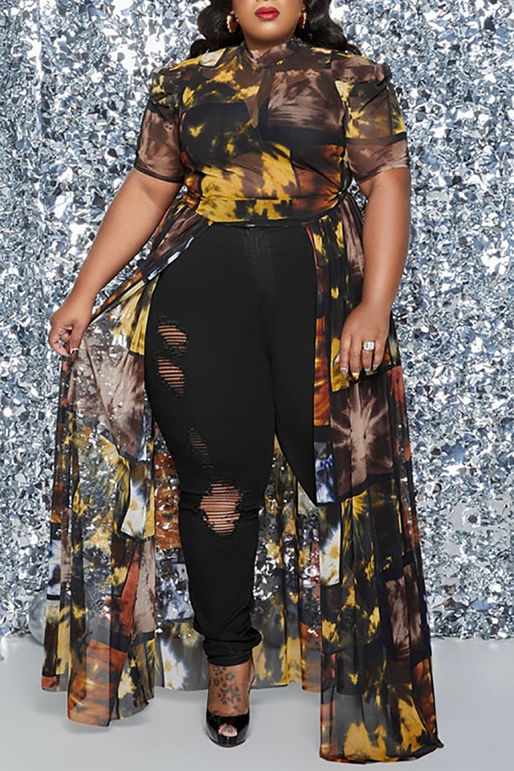 Plus Size Daily All Over Print Mesh Puff Sleeves Blouses With Tulle Skirt