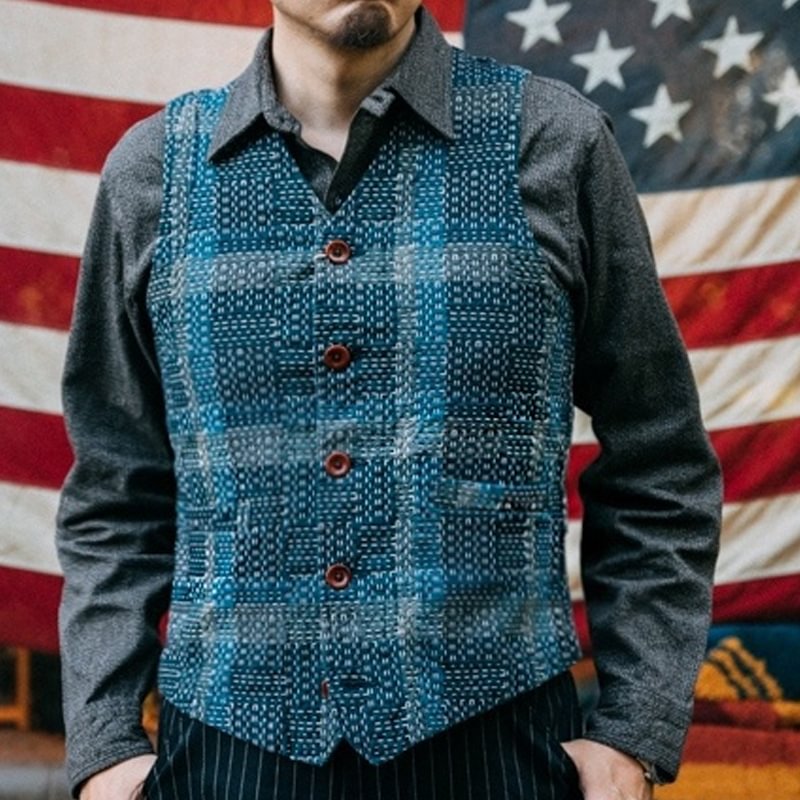 Retro Sashiko Workwear Western-style Vest