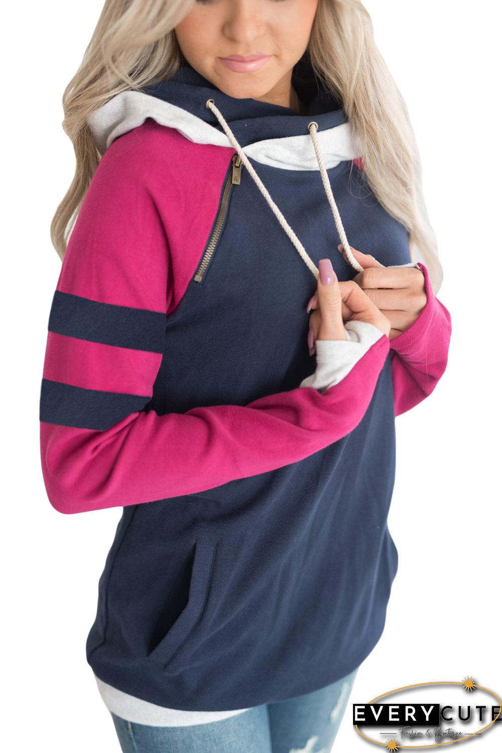 Navy Varsity Striped Sleeves Double Hooded Sweatshirt