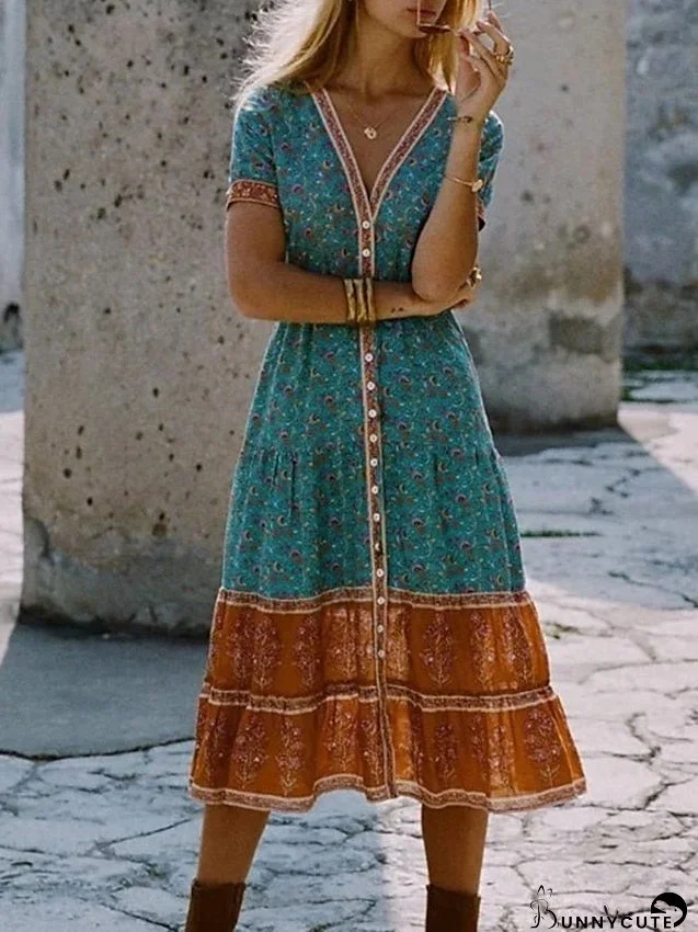 Casual Dress Ethnic Dress Swing Dress Midi Dress Red Blue Short Sleeve Floral Button Spring Summer V Neck Boho S M L XL XXL 3XL 4XL 5XL for Women