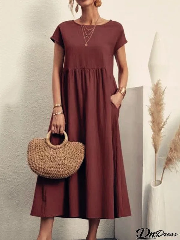 Loose Short Sleeves Pleated Solid Color Round-Neck Midi Dresses