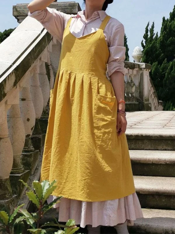 Ladies loose linen V-neck pleated dress-Mayoulove