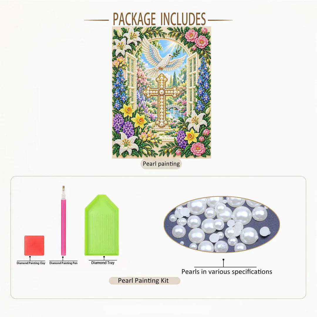 Pearl Painting Kit for Adults Cross Dove Floral with Frame 11.81x15.75in