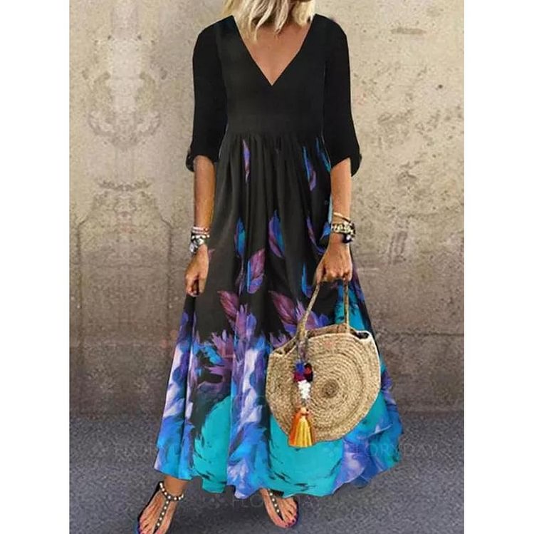 Mid-sleeve V-neck Fashion Positioning Flower Dress-Mayoulove