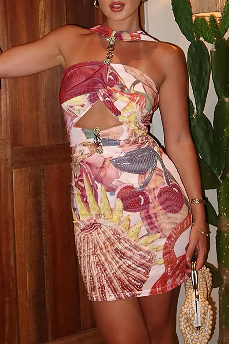 Mixed Print Sleeveless Cutout Bodycon Mini Dresses-Red