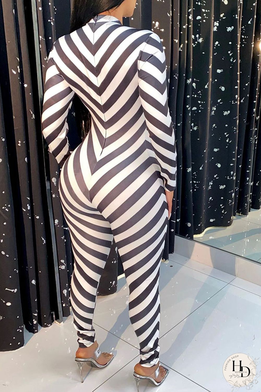 Green Fashion street Striped Milk. Long Sleeve O Neck Jumpsuits