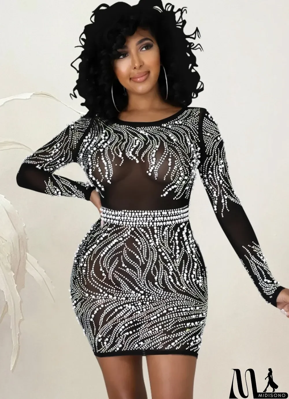 MidiSono - Fall Sexy Black Beaded Long Sleeve Round Neck Bodycon Party Dress