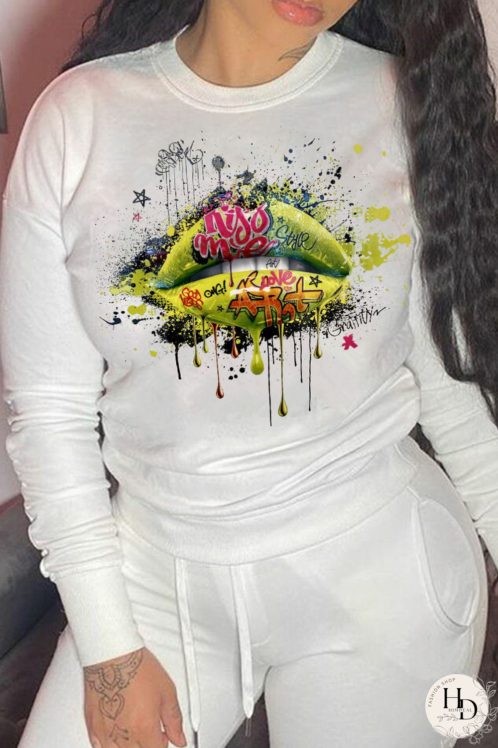 White Daily Lips Printed Patchwork O Neck Tops