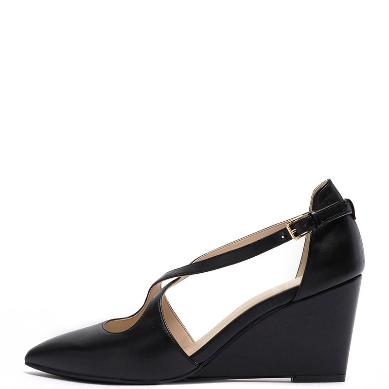 TAAFO Balck High Wedge Heels Pumps Pointed Toe Woman Ankle Cross Strap For Ladies Office Shoes