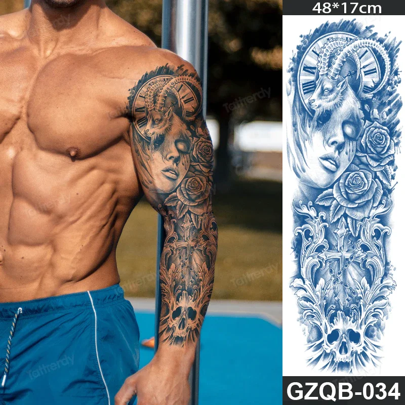 Sdrawing transfer tattoo fake large size full arm tattoo sleeve juice ink long lasting waterproof temporary tattoos men body art 1020-1