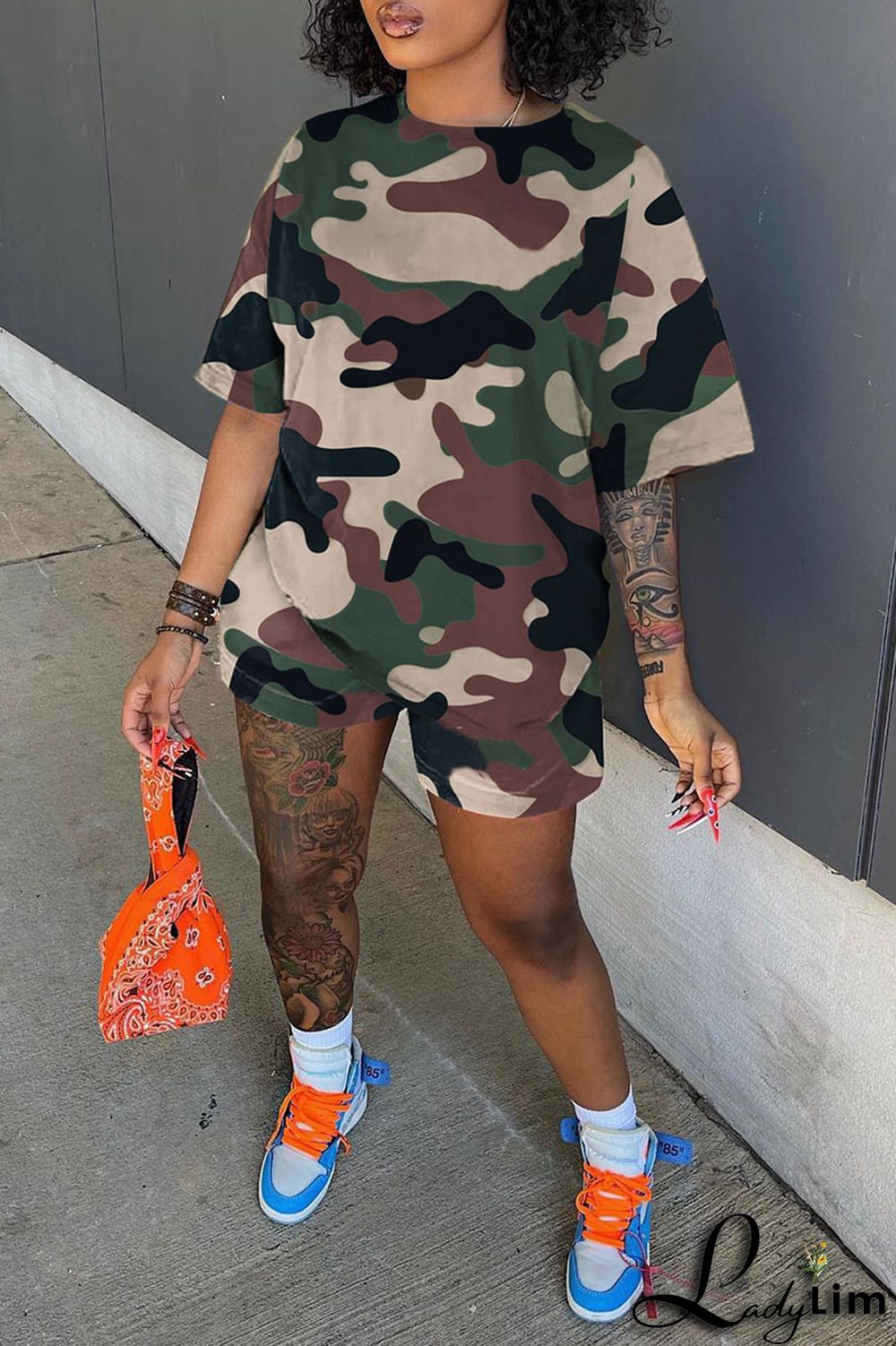 Army Green Casual Print Patchwork O Neck Short Sleeve Two Pieces