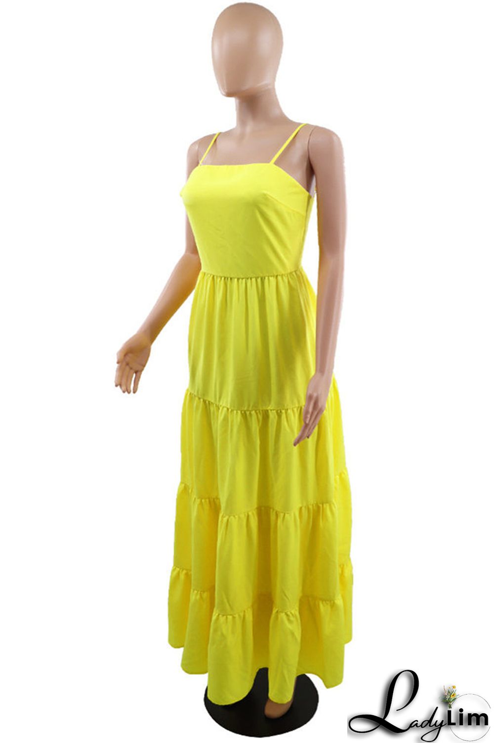 Yellow Fashion Casual Solid Backless Spaghetti Strap Long Dress