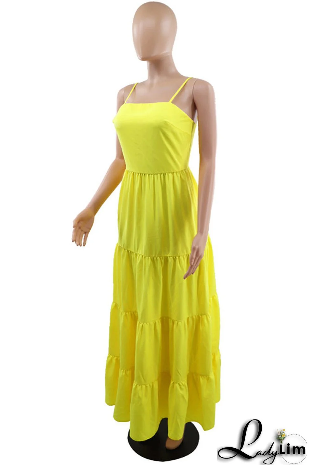 Yellow Fashion Casual Solid Backless Spaghetti Strap Long Dress