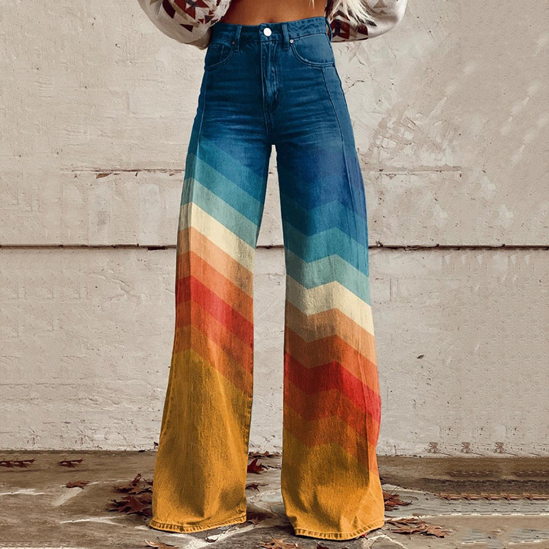 Orange And Blue Striped Printed Loose Casual Pants