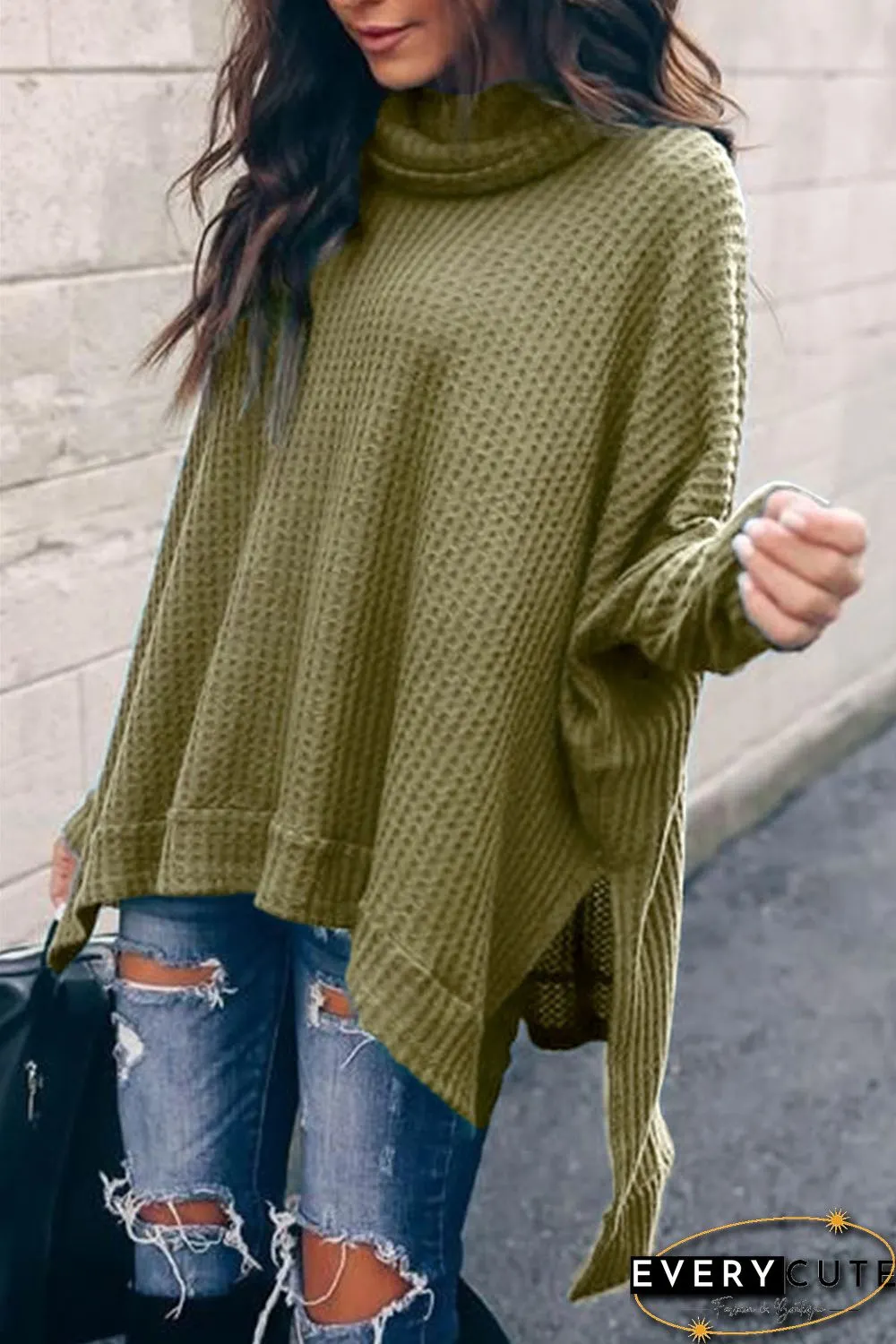 Green Turtleneck Waffle Knit Poncho Blouse