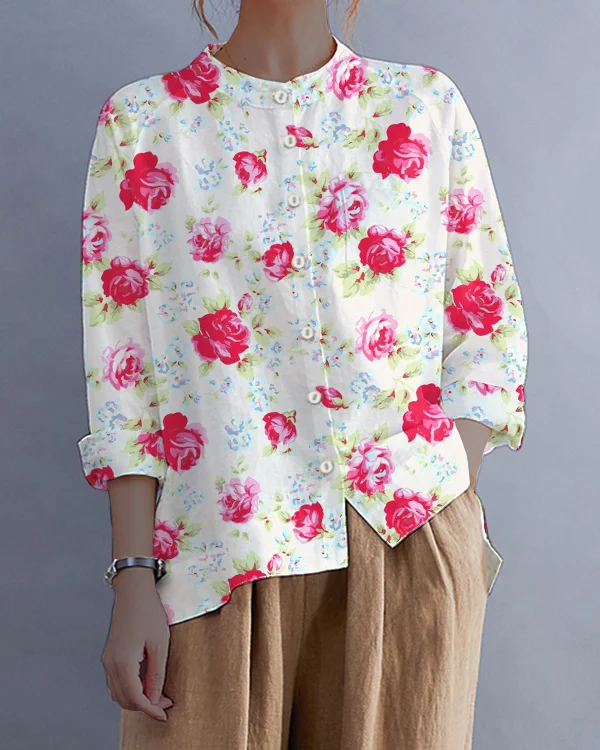 Vintage Floral Cotton and Linen Long Sleeve Button-Down Loose Shirt
