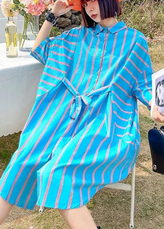 Vintage Blue Striped tie waist Summer Maxi Dresses