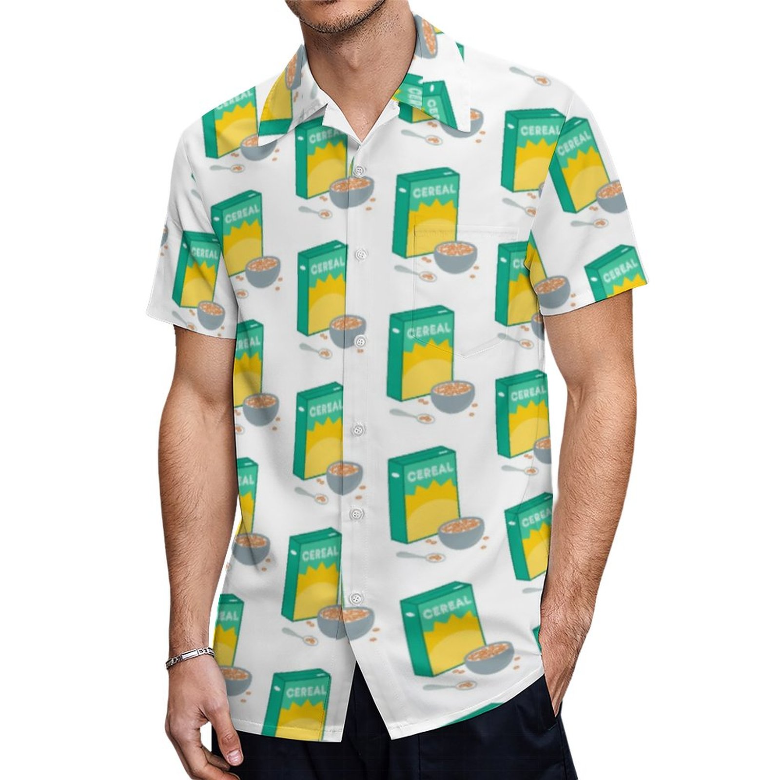 Teal And Yellow Sun Cereal Box And Bowl Pattern Hawaiian Shirt Mens Button Down Tropical Hawaii Beach Shirts