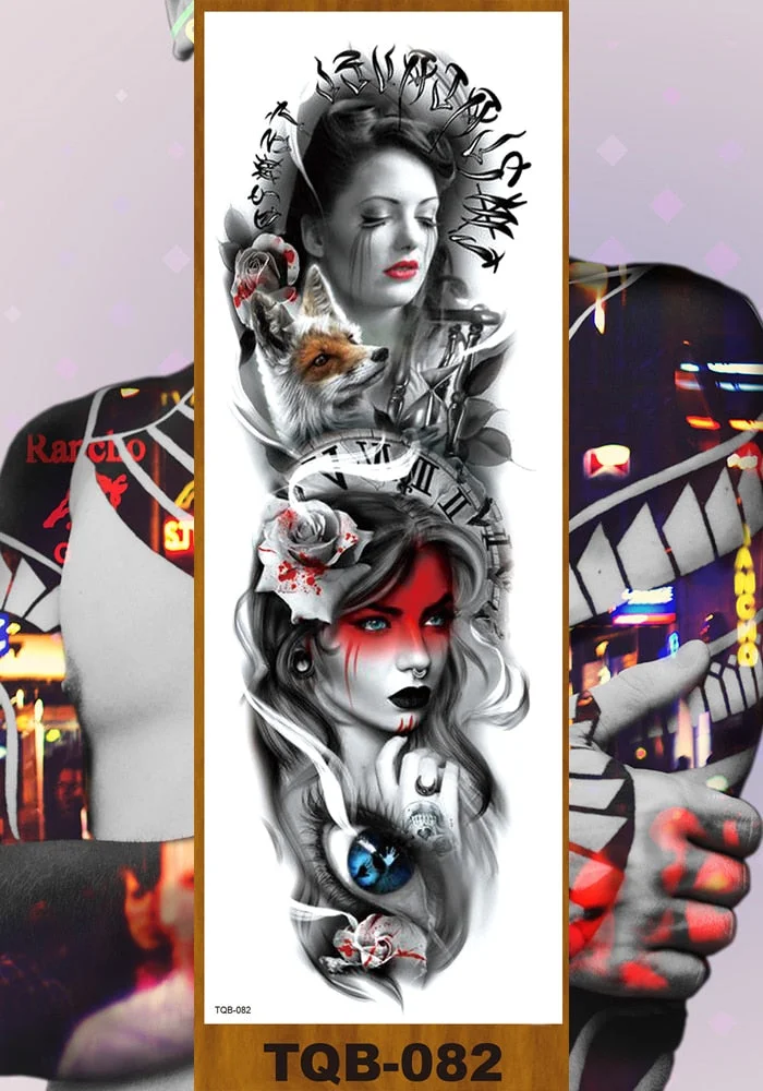 Full Flower Arm Temporary Tattoo Sticker Man Woman Body Leg Art Fake Tatoo Beauty & Snake Bear Owl Fox Mermaid Egypt Queen Sexy