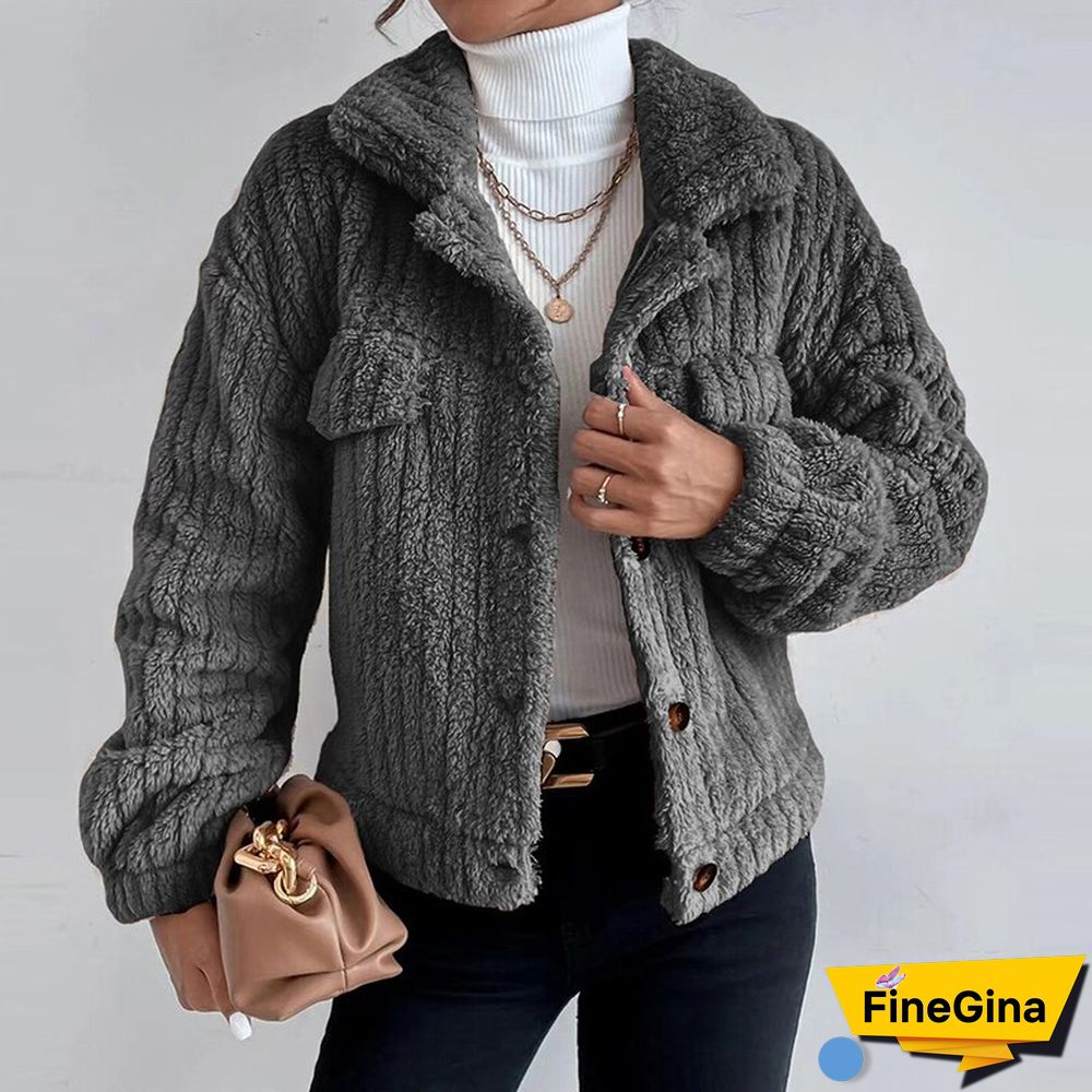 Women Elegant Fuzzy Coat Autumn Casual Long Sleeve Solid Outerwear Winter Fashion Lapel Single Breasted Loose Jackets Tops