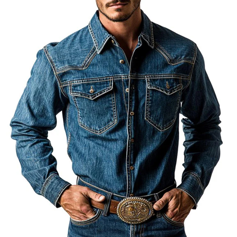 Men's Washed Denim Button-Down Long Sleeve Shirt