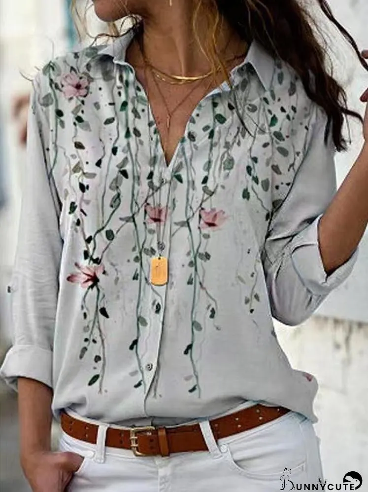 Blouses Plant Print Lapel Long Sleeve Blouse for Women