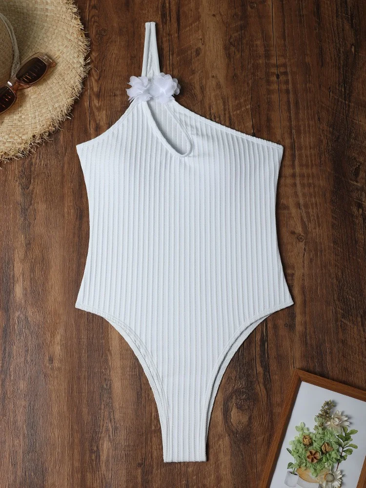 Uveng 2024 New Solid Color Conjoint Special Fabric Small Flower Conjoined Swimsuit Bikini Bikini