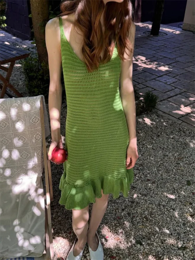 Women's Knitwear Ruffled Hollow Out  V-Neck See-Through Holiday Beach Casual Mini Dress