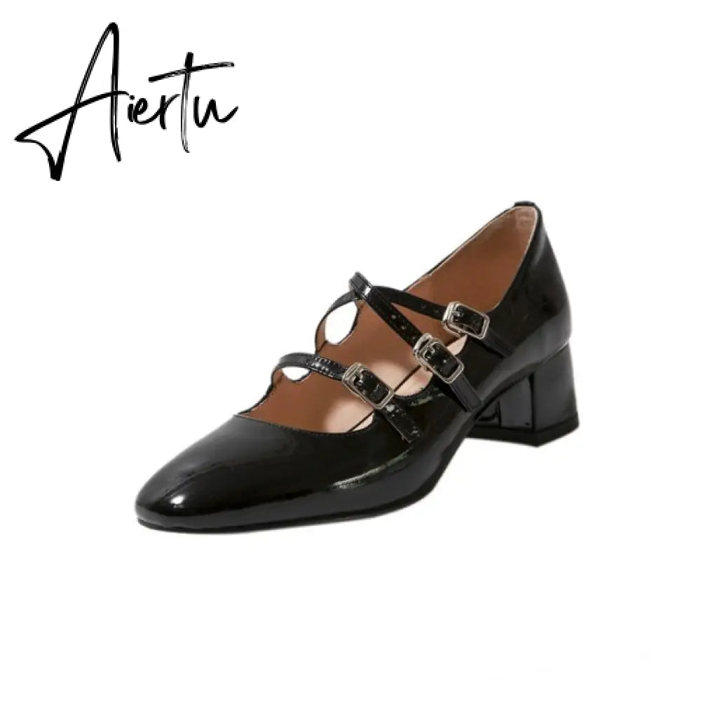 Aiertu Mary Janes Red Women Shoes Fashion Genuine Leather Thick High Heels Pumps  Summer Autumn Wedding Party Shoes Woman Aiertu