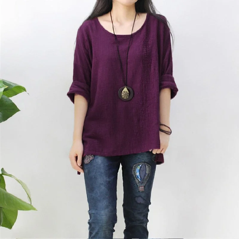 2021 ZANZEA Retro Womens O Neck Long Sleeve Split Baggy Cotton Solid Casual Loose Solid Tops Shirt Party Blouse Blusas