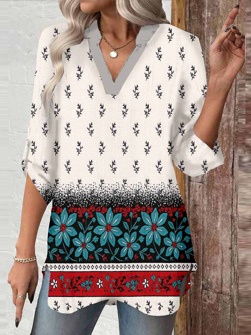Women Bohemian,Blue,Red DZGA0294 3/4 Sleeve V-neck Printed Graphic Button Tops